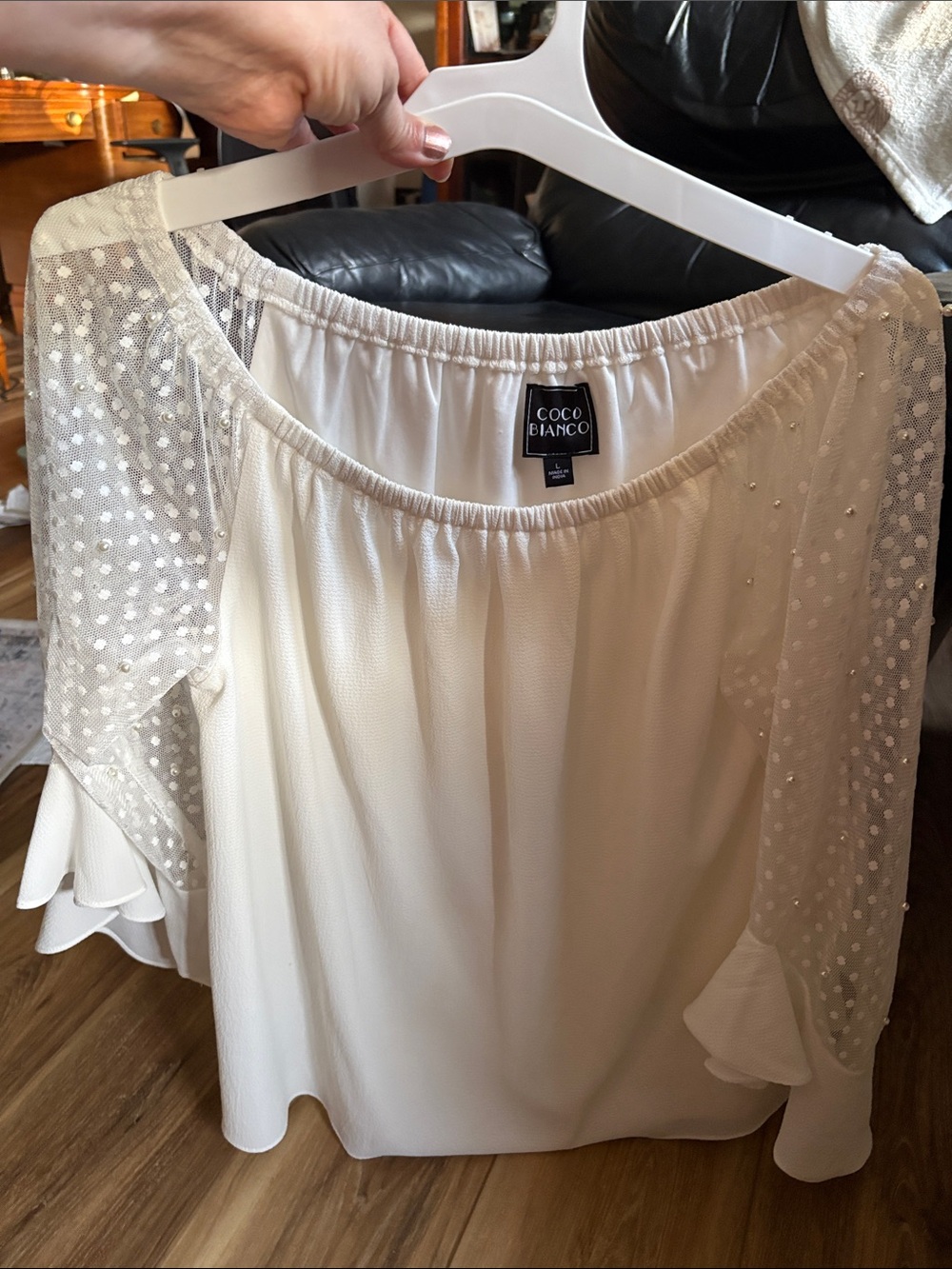 Coco Bianco White Off-Shoulder Ruffle Sleeve Blouse with Sheer & Pearl Panels
